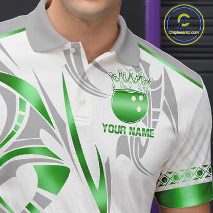 Custom Green Bowling Ball Crown Bowling Shirt For Men, Bowling Team Jersey Polo & 1/4 Zip | White TDM7325