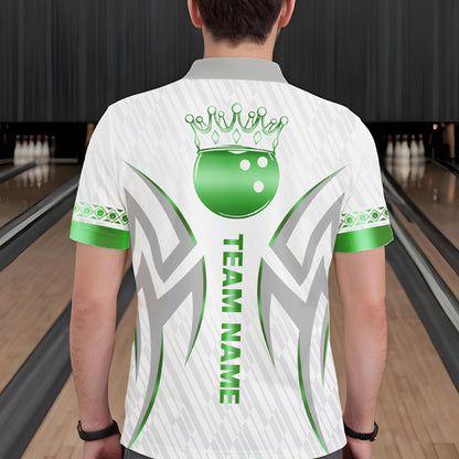 Custom Green Bowling Ball Crown Bowling Shirt For Men, Bowling Team Jersey Polo & 1/4 Zip | White TDM7325