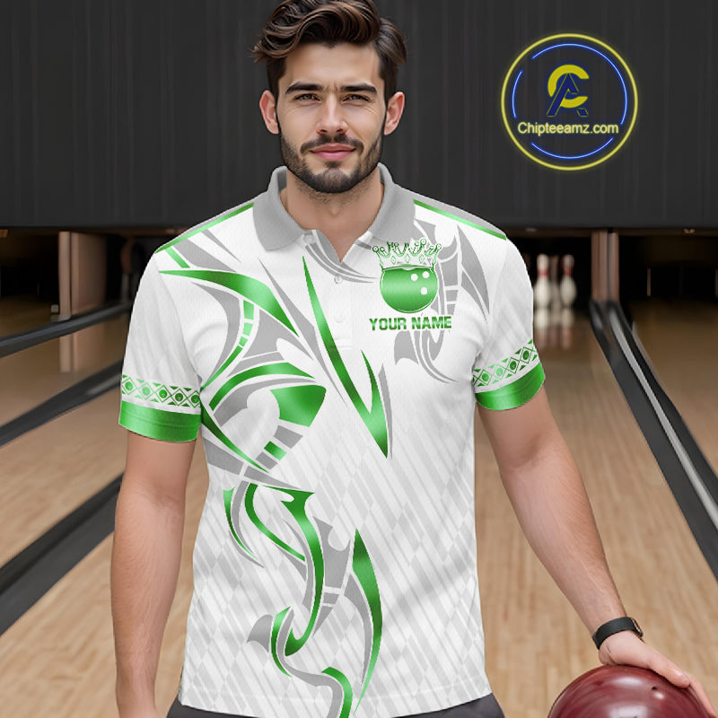 Custom Green Bowling Ball Crown Bowling Shirt For Men, Bowling Team Jersey Polo & 1/4 Zip | White TDM7325
