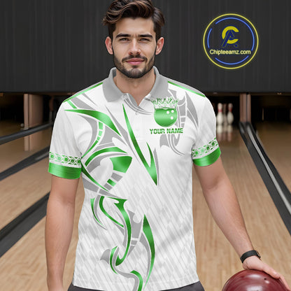Custom Green Bowling Ball Crown Bowling Shirt For Men, Bowling Team Jersey Polo & 1/4 Zip | White TDM7325
