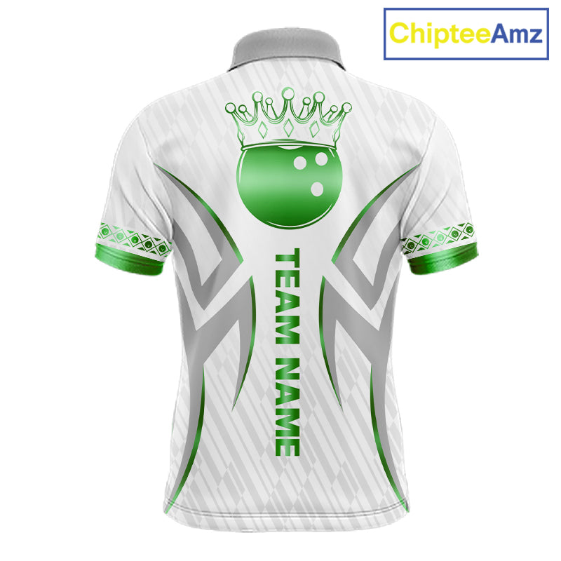 Custom Green Bowling Ball Crown Bowling Shirt For Men, Bowling Team Jersey Polo & 1/4 Zip | White TDM7325