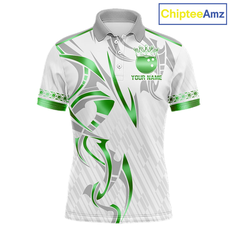 Custom Green Bowling Ball Crown Bowling Shirt For Men, Bowling Team Jersey Polo & 1/4 Zip | White TDM7325
