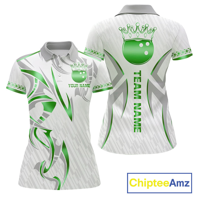 Custom Green Bowling Ball Crown Bowling Shirt For Women, Bowling Team Jersey Polo & 1/4 Zip | White TDM7325