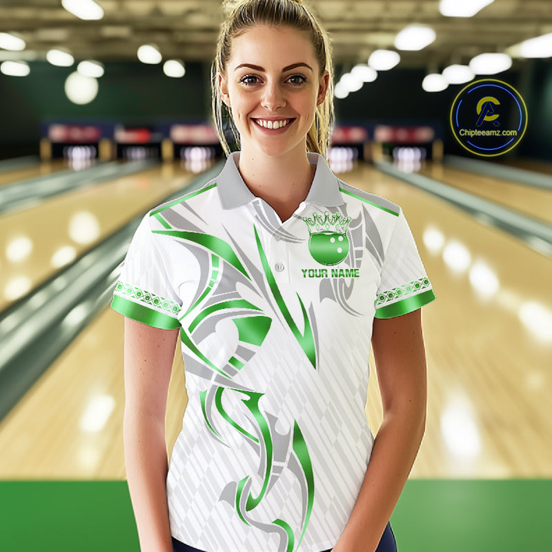 Custom Green Bowling Ball Crown Bowling Shirt For Women, Bowling Team Jersey Polo & 1/4 Zip | White TDM7325