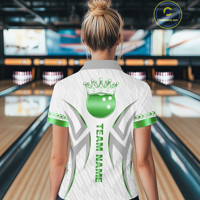 Custom Green Bowling Ball Crown Bowling Shirt For Women, Bowling Team Jersey Polo & 1/4 Zip | White TDM7325