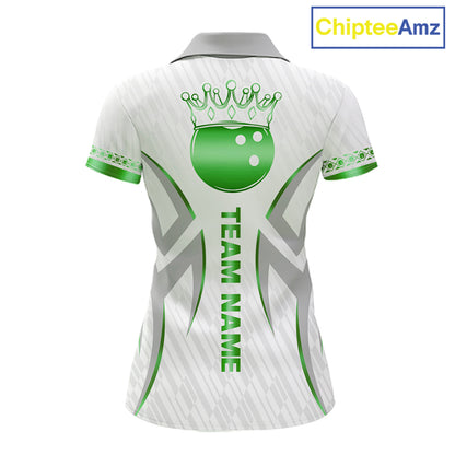 Custom Green Bowling Ball Crown Bowling Shirt For Women, Bowling Team Jersey Polo & 1/4 Zip | White TDM7325