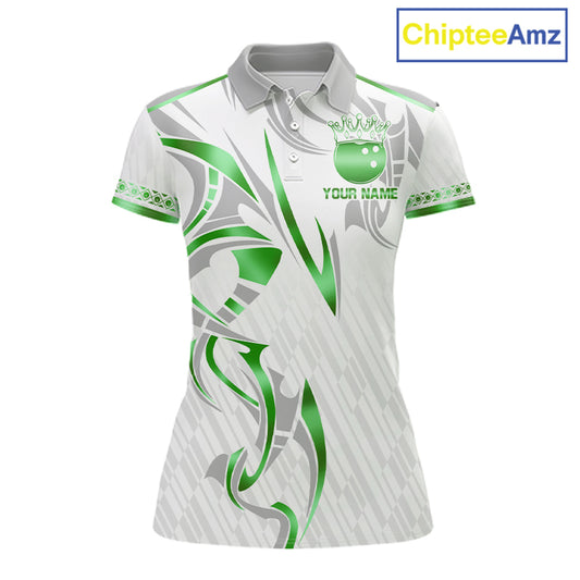 Custom Green Bowling Ball Crown Bowling Shirt For Women, Bowling Team Jersey Polo & 1/4 Zip | White TDM7325