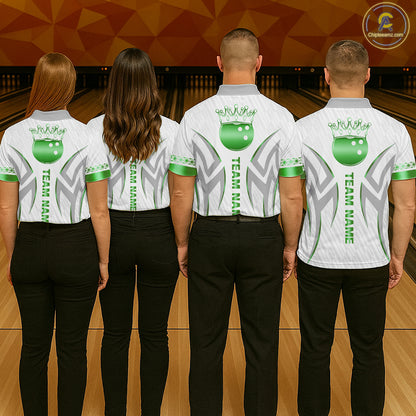 Custom Green Bowling Ball Crown Bowling Shirt For Women, Bowling Team Jersey Polo & 1/4 Zip | White TDM7325