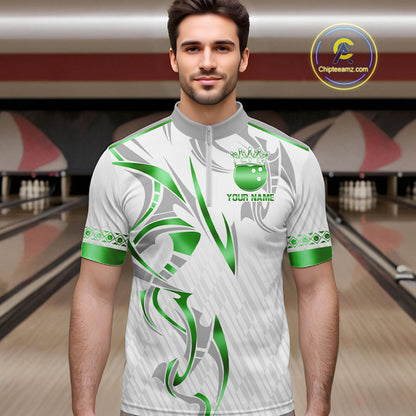Custom Green Bowling Ball Crown Bowling Shirt For Men, Bowling Team Jersey Polo & 1/4 Zip | White TDM7325