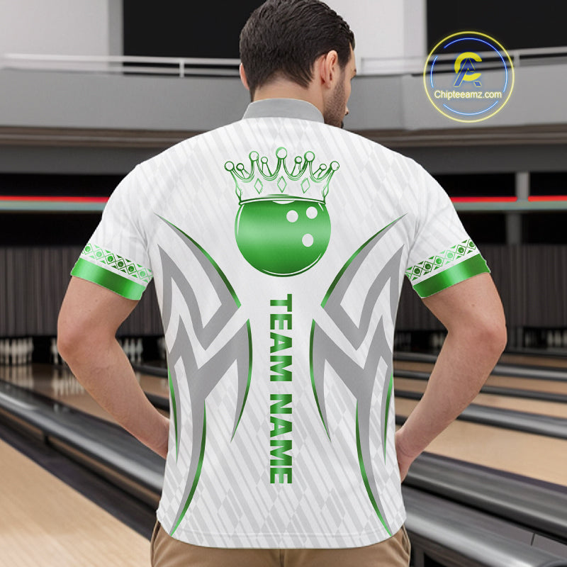 Custom Green Bowling Ball Crown Bowling Shirt For Men, Bowling Team Jersey Polo & 1/4 Zip | White TDM7325