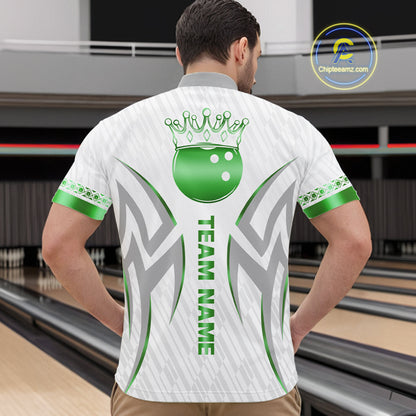 Custom Green Bowling Ball Crown Bowling Shirt For Men, Bowling Team Jersey Polo & 1/4 Zip | White TDM7325