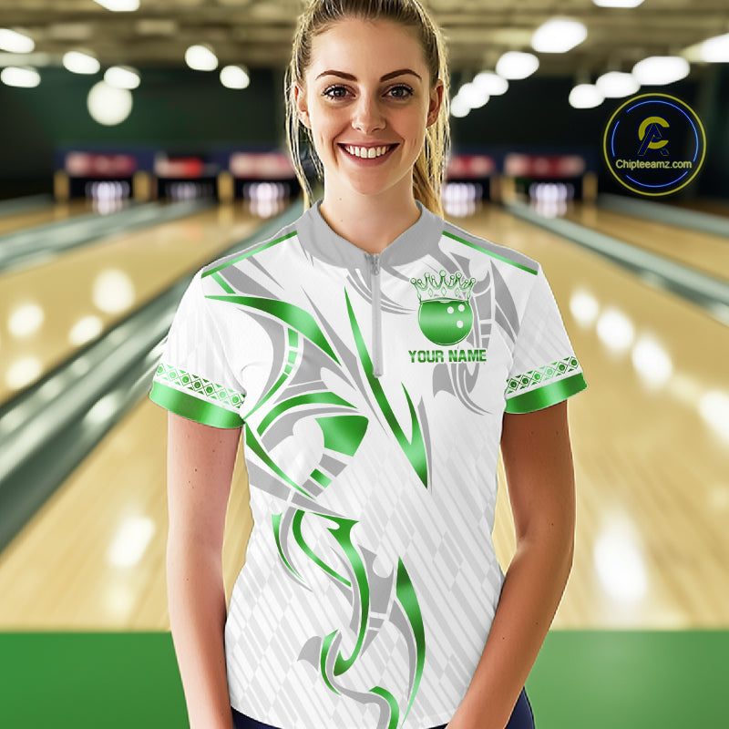 Custom Green Bowling Ball Crown Bowling Shirt For Women, Bowling Team Jersey Polo & 1/4 Zip | White TDM7325
