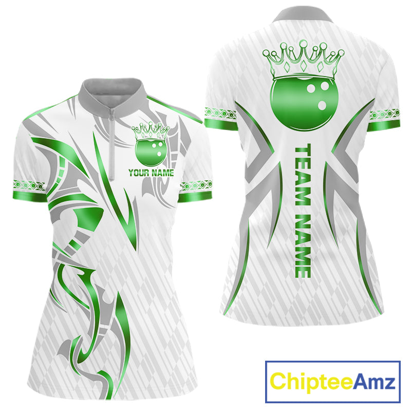 Custom Green Bowling Ball Crown Bowling Shirt For Women, Bowling Team Jersey Polo & 1/4 Zip | White TDM7325