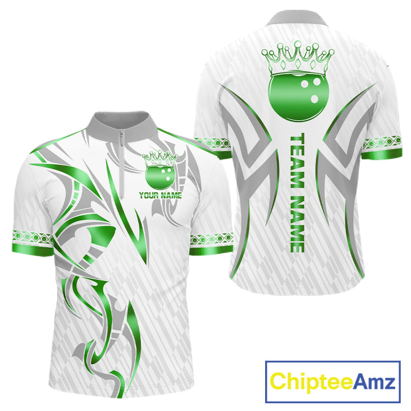 Custom Green Bowling Ball Crown Bowling Shirt For Men, Bowling Team Jersey Polo & 1/4 Zip | White TDM7325