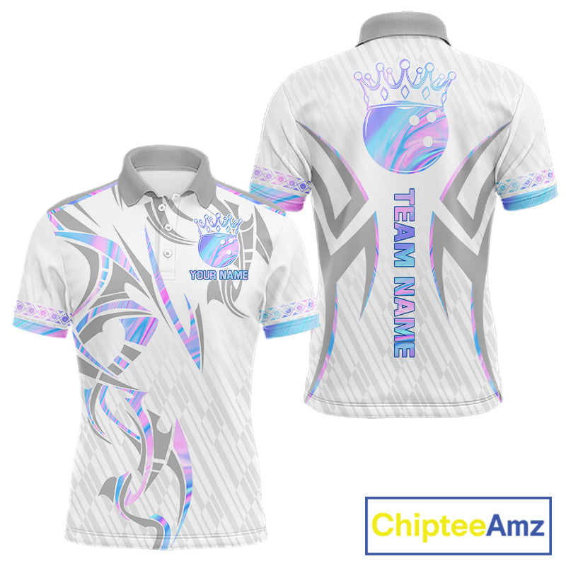 Custom Holographic Bowling Ball Crown Bowling Shirt For Men, Bowling League Team Jersey | White TDM7326