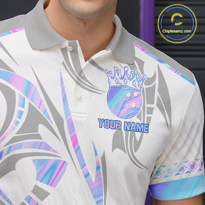 Custom Holographic Bowling Ball Crown Bowling Shirt For Men, Bowling League Team Jersey | White TDM7326