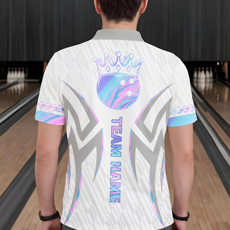 Custom Holographic Bowling Ball Crown Bowling Shirt For Men, Bowling League Team Jersey | White TDM7326
