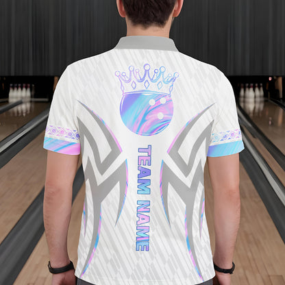 Custom Holographic Bowling Ball Crown Bowling Shirt For Men, Bowling League Team Jersey | White TDM7326