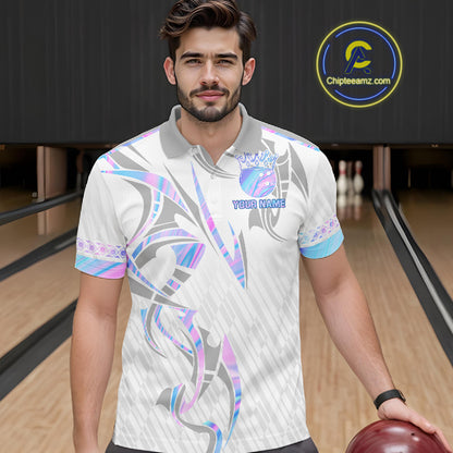 Custom Holographic Bowling Ball Crown Bowling Shirt For Men, Bowling League Team Jersey | White TDM7326