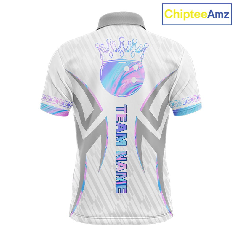 Custom Holographic Bowling Ball Crown Bowling Shirt For Men, Bowling League Team Jersey | White TDM7326