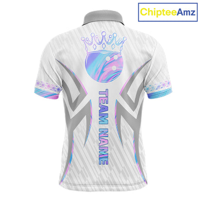 Custom Holographic Bowling Ball Crown Bowling Shirt For Men, Bowling League Team Jersey | White TDM7326