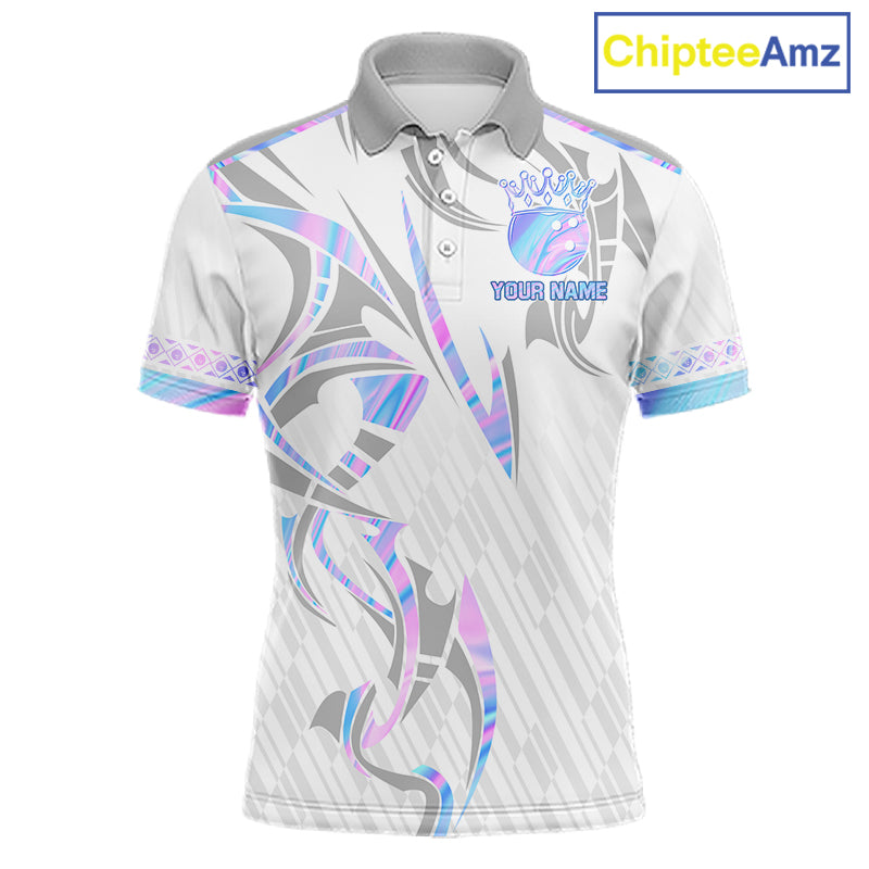 Custom Holographic Bowling Ball Crown Bowling Shirt For Men, Bowling League Team Jersey | White TDM7326