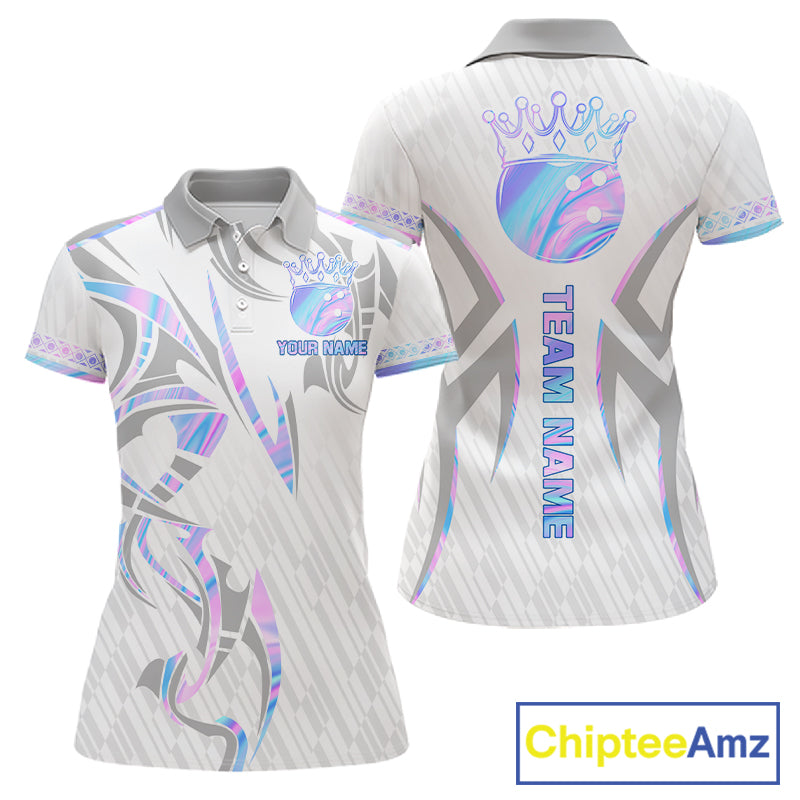 Custom Holographic Bowling Ball Crown Bowling Shirt For Women, Bowling League Team Jersey | White TDM7326