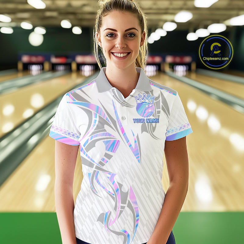 Custom Holographic Bowling Ball Crown Bowling Shirt For Women, Bowling League Team Jersey | White TDM7326
