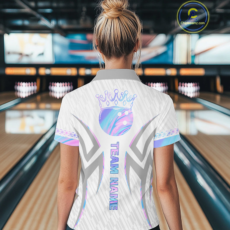 Custom Holographic Bowling Ball Crown Bowling Shirt For Women, Bowling League Team Jersey | White TDM7326
