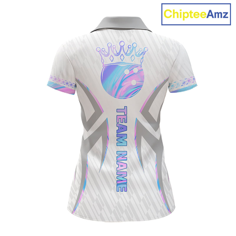 Custom Holographic Bowling Ball Crown Bowling Shirt For Women, Bowling League Team Jersey | White TDM7326