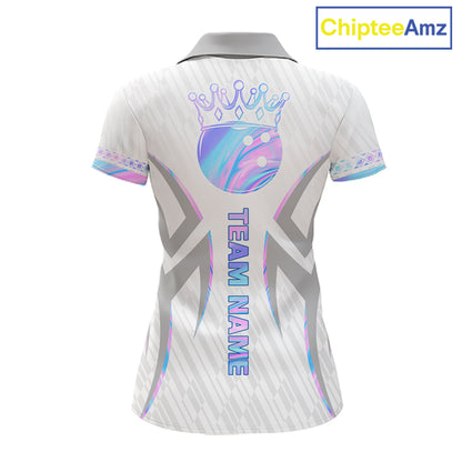 Custom Holographic Bowling Ball Crown Bowling Shirt For Women, Bowling League Team Jersey | White TDM7326