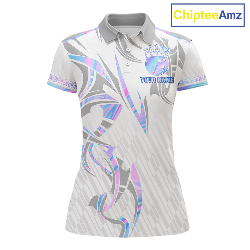Custom Holographic Bowling Ball Crown Bowling Shirt For Women, Bowling League Team Jersey | White TDM7326