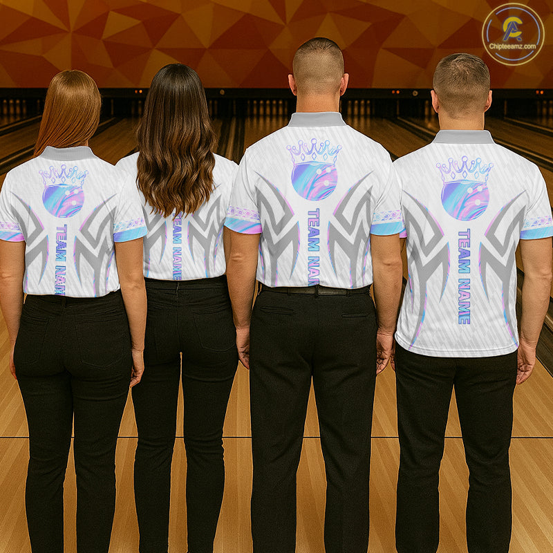 Custom Holographic Bowling Ball Crown Bowling Shirt For Women, Bowling League Team Jersey | White TDM7326
