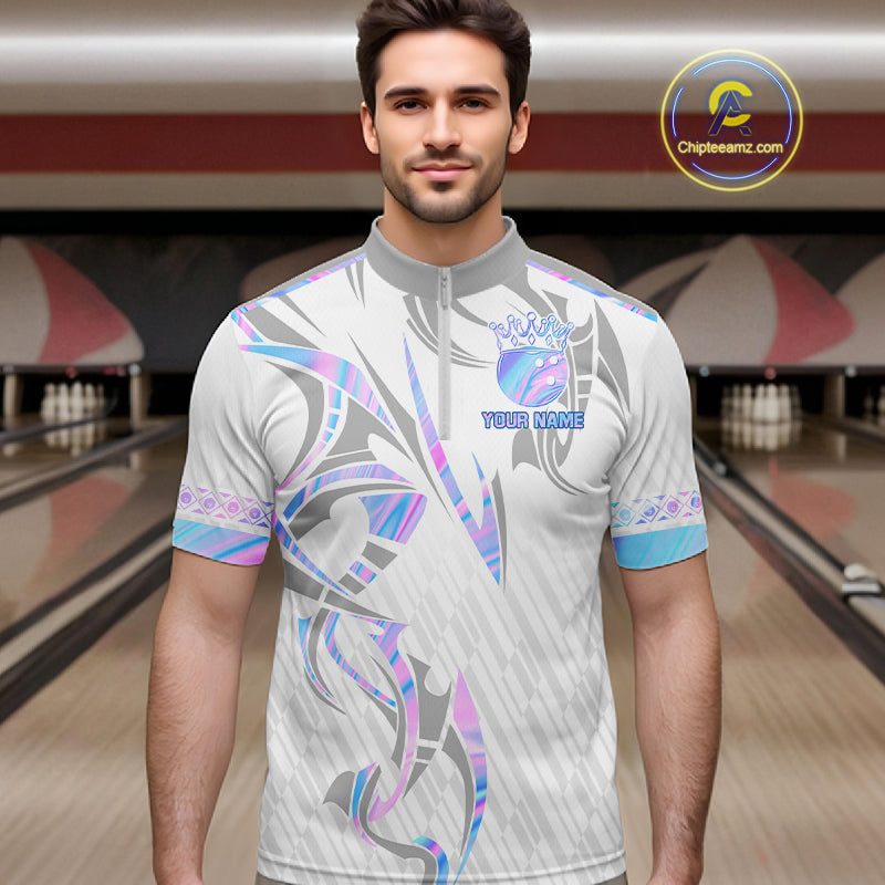 Custom Holographic Bowling Ball Crown Bowling Shirt For Men, Bowling League Team Jersey | White TDM7326