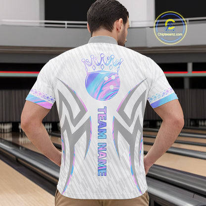 Custom Holographic Bowling Ball Crown Bowling Shirt For Men, Bowling League Team Jersey | White TDM7326