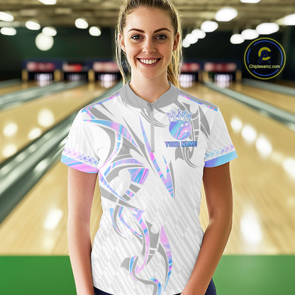 Custom Holographic Bowling Ball Crown Bowling Shirt For Women, Bowling League Team Jersey | White TDM7326