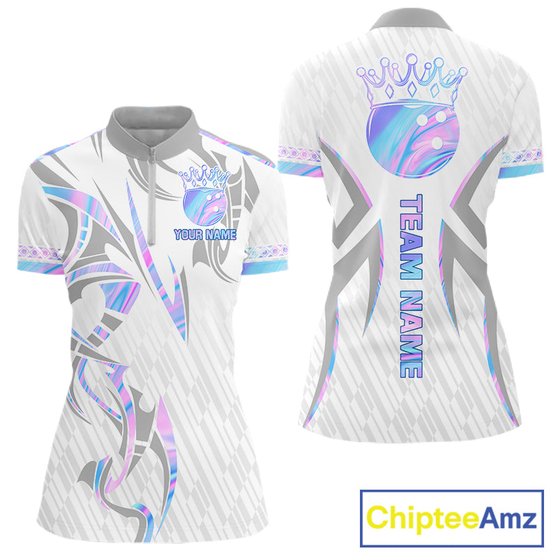 Custom Holographic Bowling Ball Crown Bowling Shirt For Women, Bowling League Team Jersey | White TDM7326