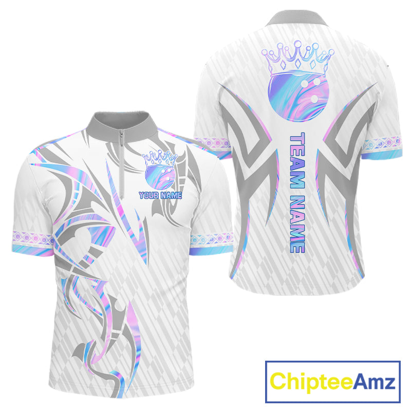 Custom Holographic Bowling Ball Crown Bowling Shirt For Men, Bowling League Team Jersey | White TDM7326
