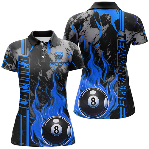 Personalized Flame 8 Ball Billiard Shirts For Women Best Billiard Team Shirts, Pool Jerseys | Blue TDM2564