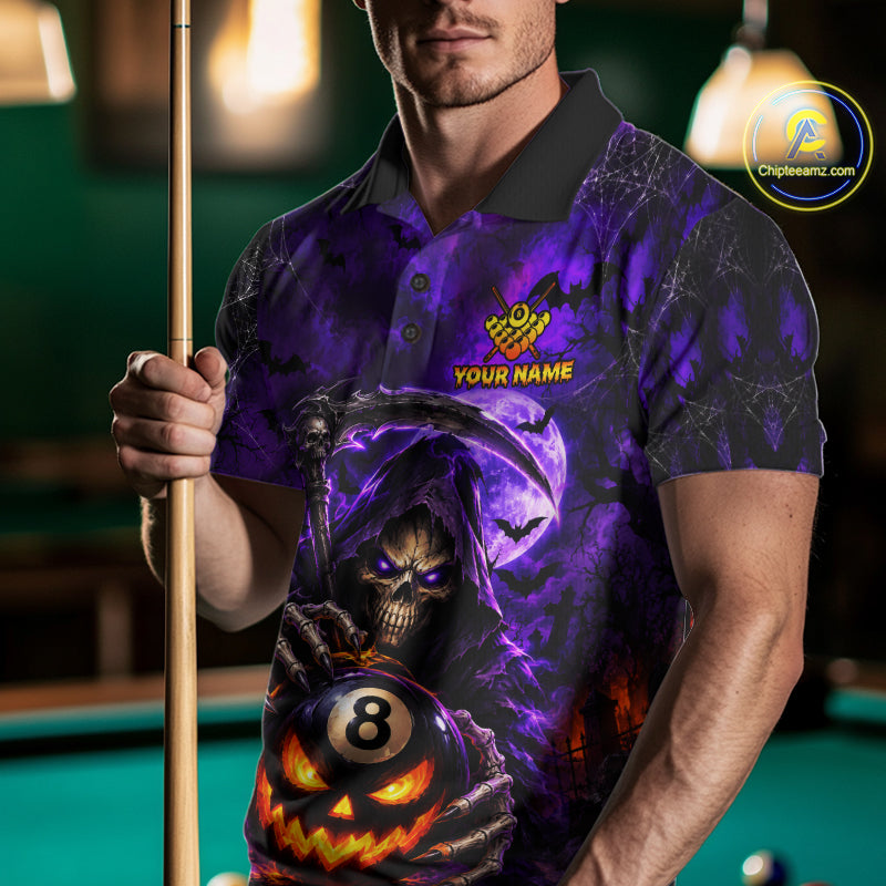 Personalized Purple Grim Reaper Halloween Billiard Shirts For Men Custom 8 Ball Pool Team Jersey TDM7633