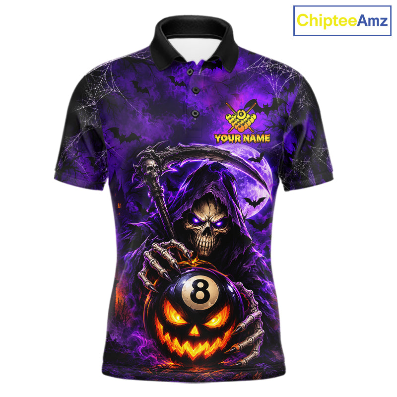 Personalized Purple Grim Reaper Halloween Billiard Shirts For Men Custom 8 Ball Pool Team Jersey TDM7633