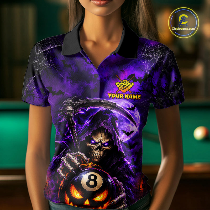 Personalized Purple Grim Reaper Halloween Billiard Shirts For Women Custom 8 Ball Pool Team Jersey TDM7633