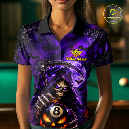 Personalized Purple Grim Reaper Halloween Billiard Shirts For Women Custom 8 Ball Pool Team Jersey TDM7633