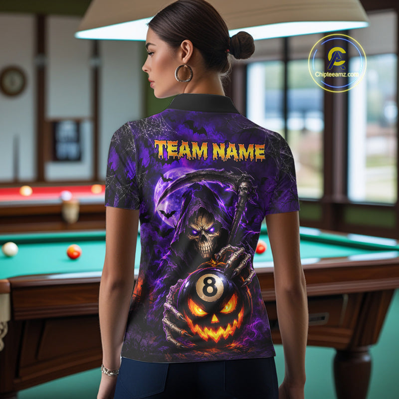 Personalized Purple Grim Reaper Halloween Billiard Shirts For Women Custom 8 Ball Pool Team Jersey TDM7633