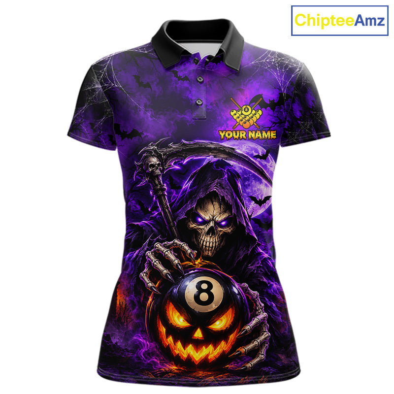 Personalized Purple Grim Reaper Halloween Billiard Shirts For Women Custom 8 Ball Pool Team Jersey TDM7633