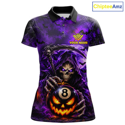 Personalized Purple Grim Reaper Halloween Billiard Shirts For Women Custom 8 Ball Pool Team Jersey TDM7633
