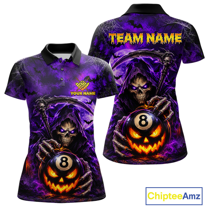 Personalized Purple Grim Reaper Halloween Billiard Shirts For Women Custom 8 Ball Pool Team Jersey TDM7633