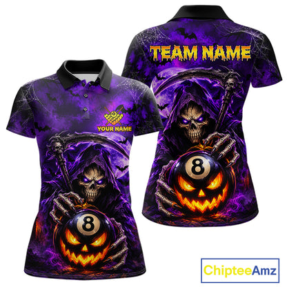 Personalized Purple Grim Reaper Halloween Billiard Shirts For Women Custom 8 Ball Pool Team Jersey TDM7633