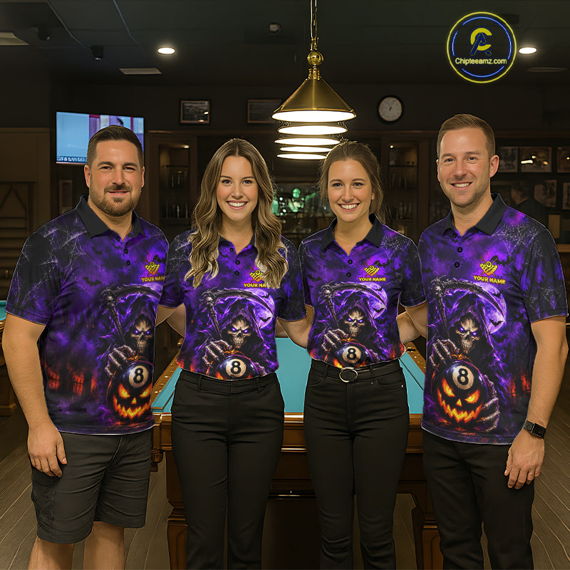 Personalized Purple Grim Reaper Halloween Billiard Shirts For Men Custom 8 Ball Pool Team Jersey TDM7633