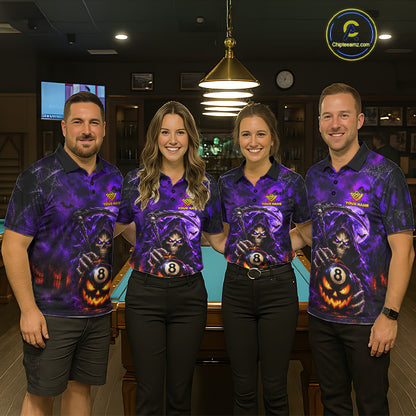 Personalized Purple Grim Reaper Halloween Billiard Shirts For Men Custom 8 Ball Pool Team Jersey TDM7633